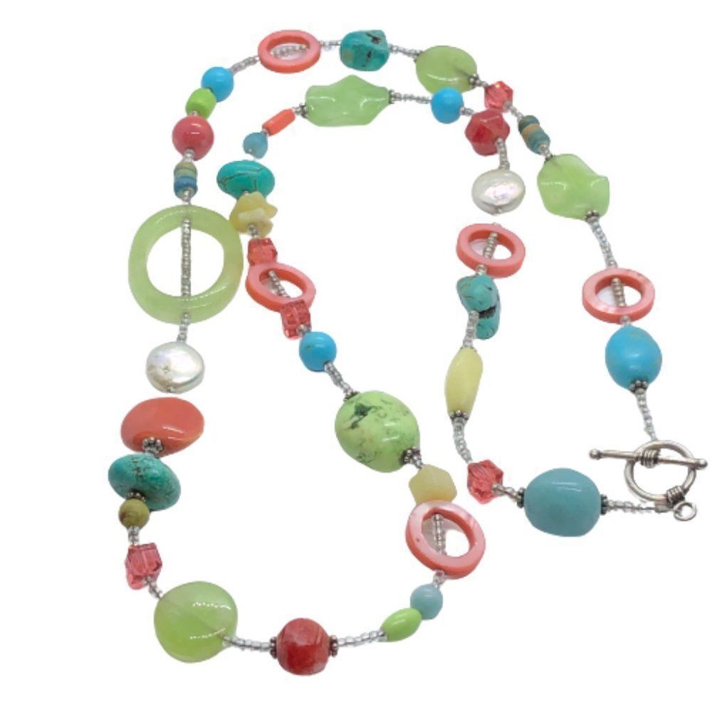 Unique Colorful Stone, Dyed MOP & Glass Bead Necklace w/ Sterling Silver Clasp